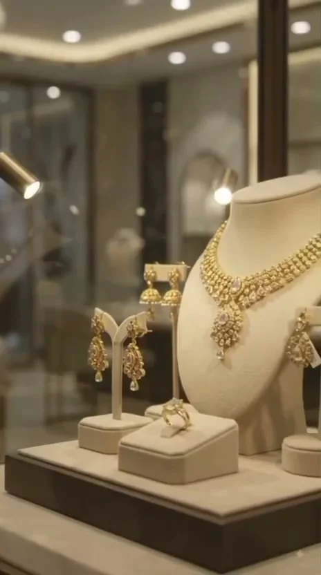 Gold toned necklace with matching jhumka earrings