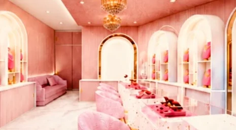 Long aisle of jewellery counters with a private seating nook