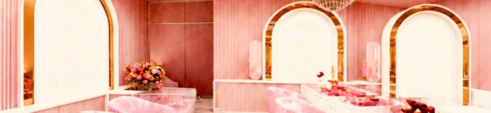 Panoramic view of the arched display wall and seating
