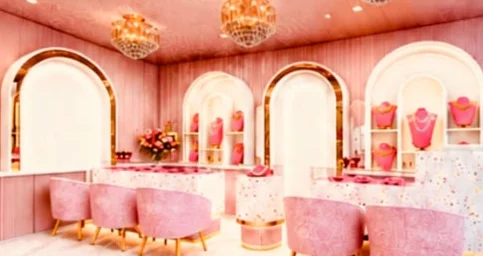 Display counters facing arched necklace showcases