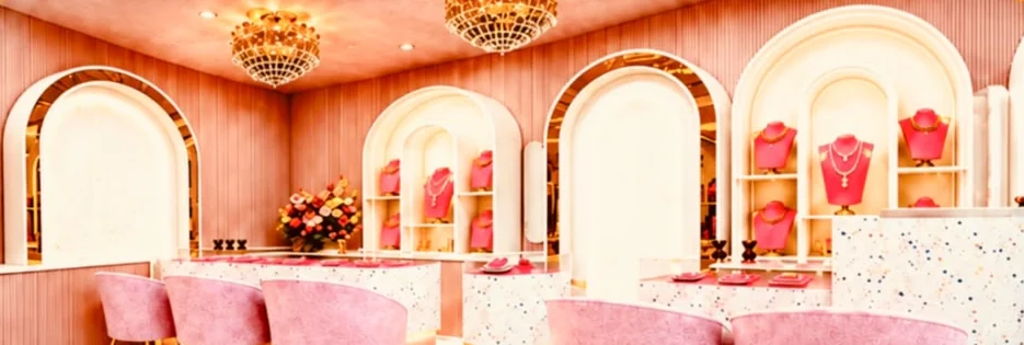Main showroom floor with golden arches, chandeliers and blush lounge chairs