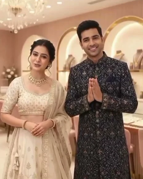 A couple in festive wear greeting guests with a namaste inside the Aurum showroom